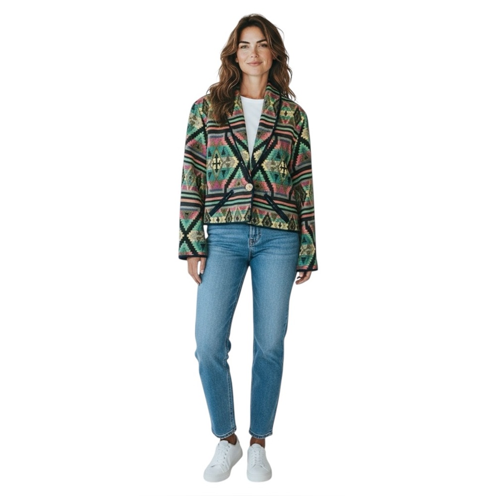 NEW IDENTITY 90’s Y2K Southwestern Geometric Abstract Woven Tapestry Blazer Med.